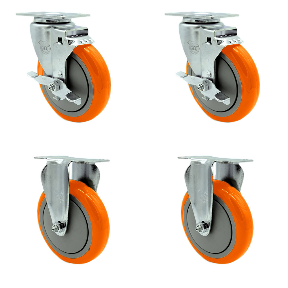 Polyurethane Swivel Top Plate Caster Set of 4 with 5 Inch Orange Wheels - Includes 2 Swivel with Top Locking Brakes and 2 Rigid - 1400 lbs. Total Capacity - Service Caster Brand — photo 1