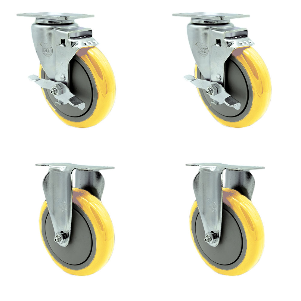 Polyurethane Swivel Top Plate Caster Set of 4 with 5 Inch Yellow Caster Wheels - 316 Stainless Steel Casters - Includes 2 Swivel with Top Lock Brakes and 2 Rigid - Service Caster Brand — photo 1