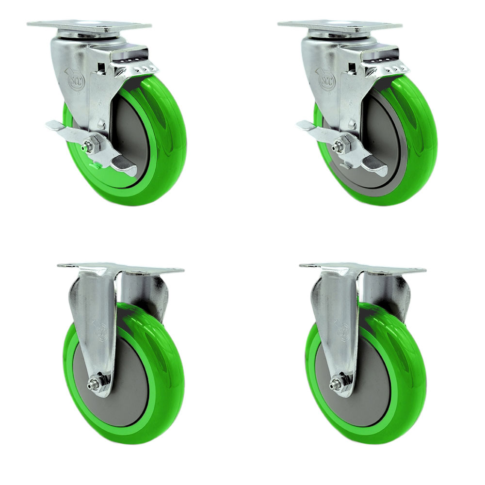 Polyurethane Swivel Top Plate Caster Set of 4 with 5 Inch Green Wheels - Includes 2 Swivel with Top Locking Brakes and 2 Rigid - 1400 lbs. Total Capacity - Service Caster Brand — photo 1