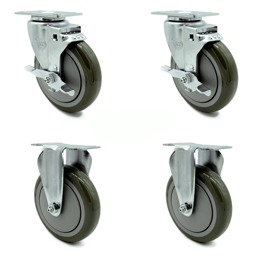 Swivel Caster Set of 4 with 2 Brakes and 2 Rigid - 5 Inch Gray Polyurethane Wheel – 350 lbs. Capacity Per Caster – 4 Inch x 4-1/2 Inch Overall Top Plate – Service Caster Brand — photo 1