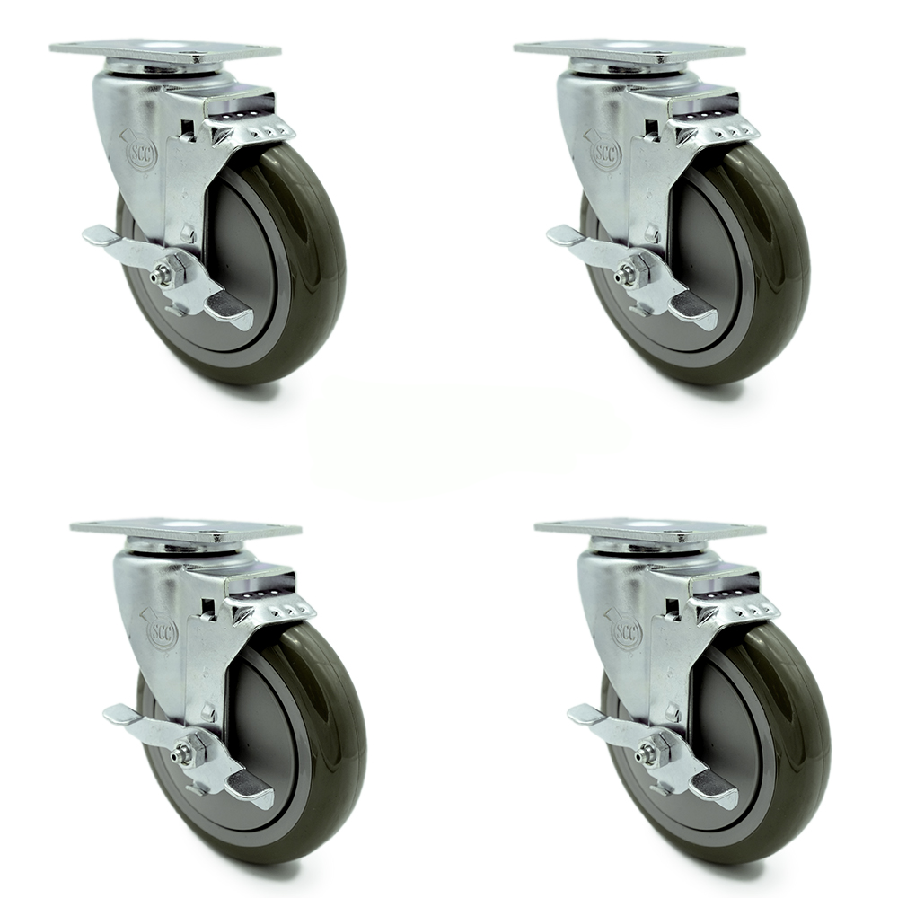 Swivel Caster Set of 4 with Brakes and 5 Inch Gray Polyurethane Wheel – 350 lbs. Capacity Per Caster – 4 Inch x 4-1/2 Inch Overall Top Plate–Service Caster Brand — photo 1