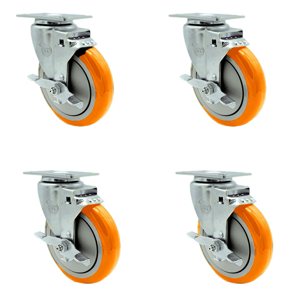 Polyurethane Swivel Top Plate Caster Set of 4 with 5 Inch Orange Wheels - Includes 4 Swivel with Top Lock Brakes - 1400 lbs. Total Capacity - Service Caster Brand — photo 1