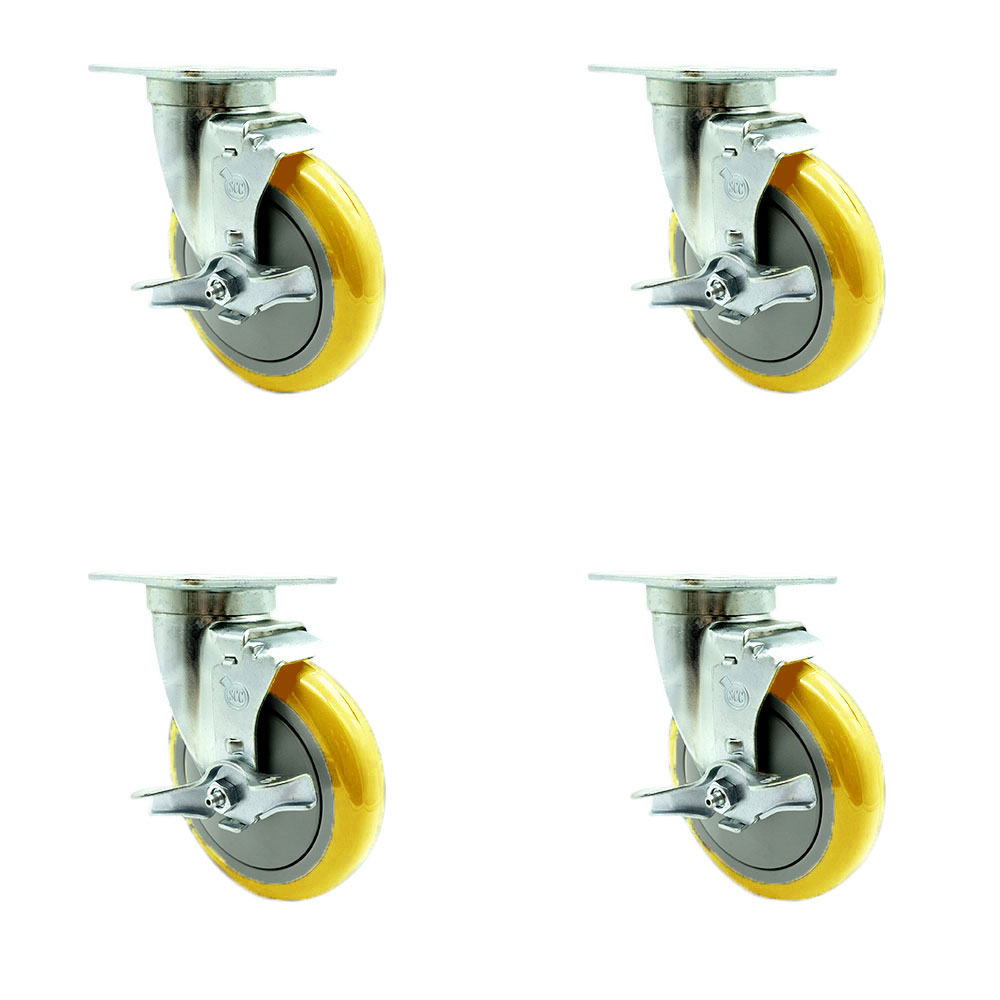 Service Caster - Universal Kitchen Casters - 5” x 1.25" Polyurethane Yellow Wheels Swivel Casters w/Brakes Non-Marking - Set of 4 — photo 1