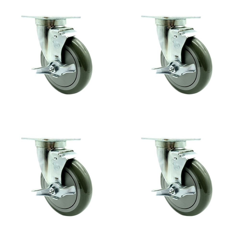 Service Caster - Universal Kitchen Casters - 5” x 1.25" Polyurethane Gray Wheels Swivel Casters w/Brakes Non-Marking - Set of 4 — photo 1