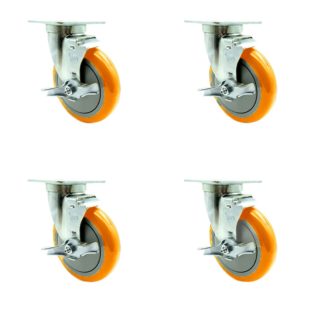 Service Caster - Universal Kitchen Casters - 5” x 1.25" Polyurethane Orange Wheels Swivel Casters w/Brakes Non-Marking - Set of 4 — photo 1