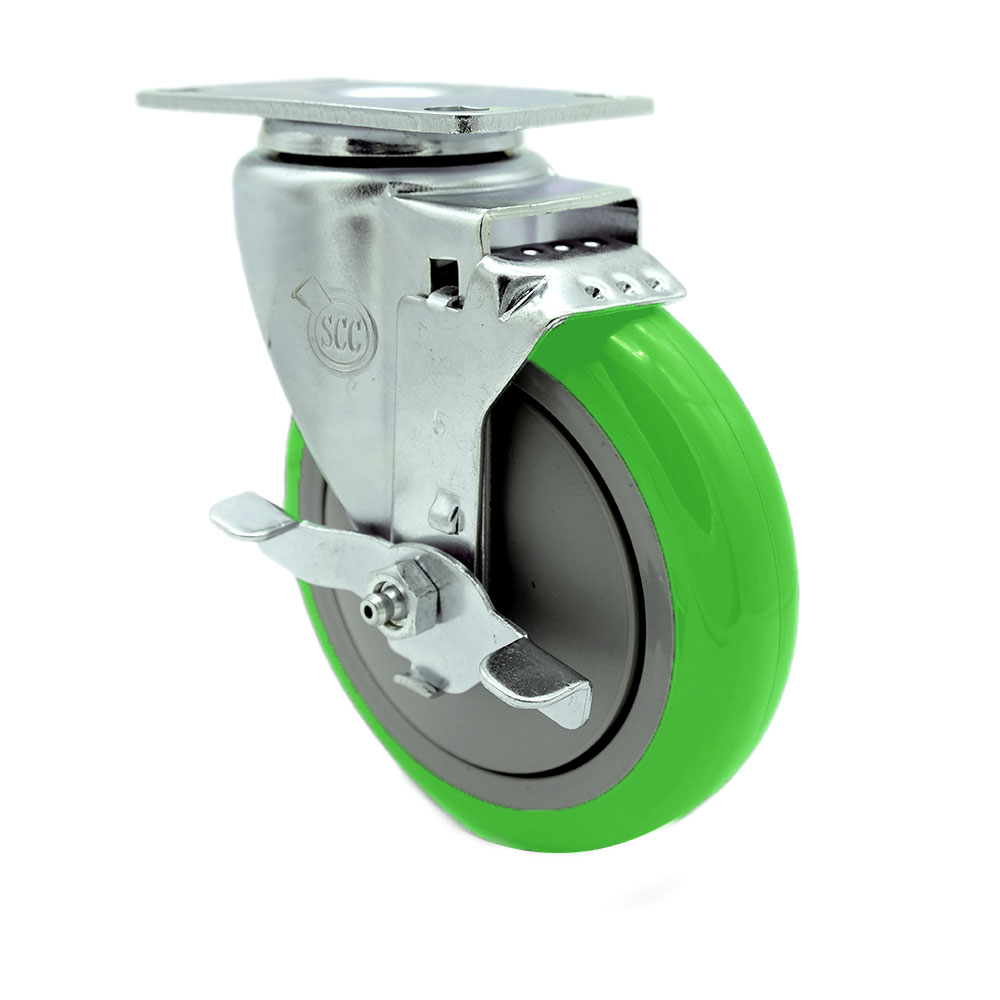 Service Caster Brand Replacement Caster for Uline Caster H-5540SWB - Swivel Top Plate Caster with 5 Inch Green Polyurethane Wheel and Top Lock Brake - Fits Carts, Dollies and Poly Box Trucks H-3840 — photo 1