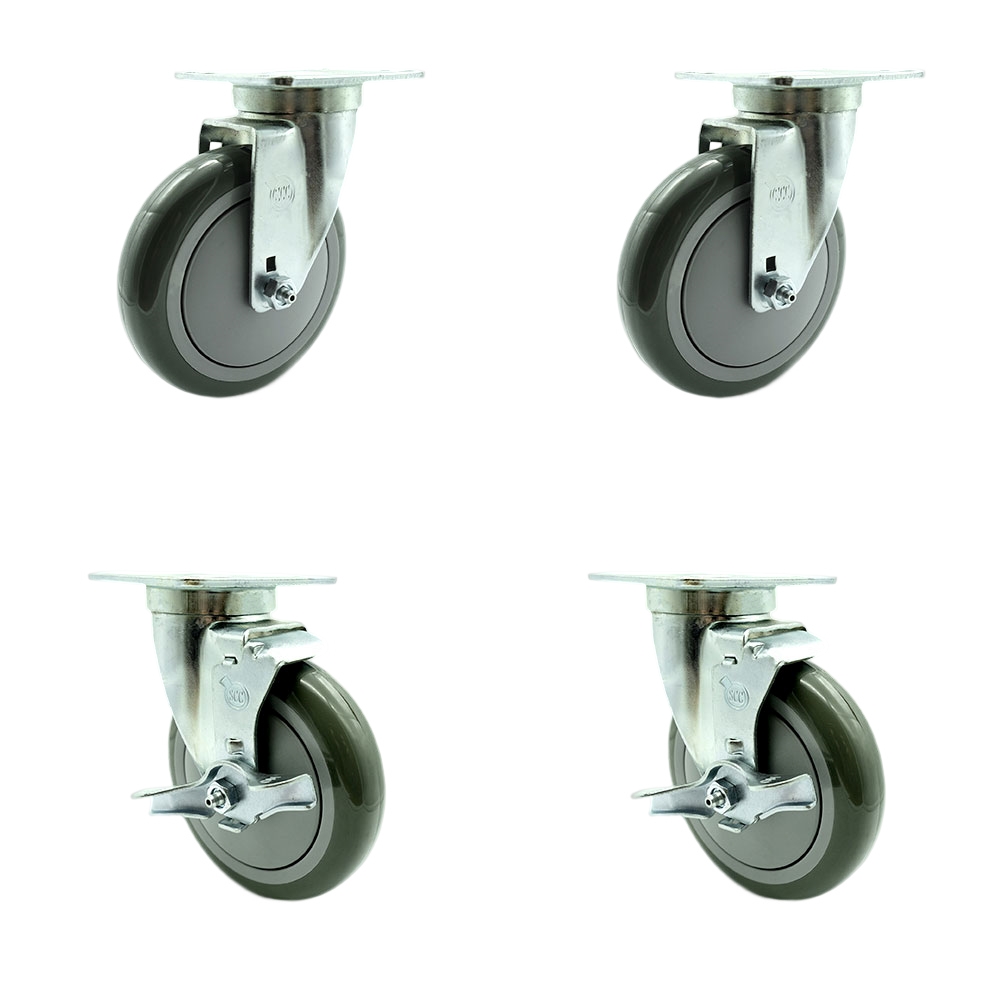 369CASTER4 Cooking Performance Group 5 Inch Caster Set - Light Duty Replacement - Gray Polyurethane Wheel - Includes 2 Swivel Casters & 2 Swivel Casters with Brakes - Service Caster Brand — photo 1