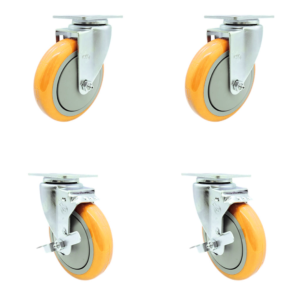 Polyurethane Swivel Top Plate Caster Set of 4 with 5 Inch Yellow Caster Wheels - 316 Stainless Steel Casters - Includes 2 Swivel with Top Lock Brakes and 2 Swivel - Service Caster Brand — photo 1