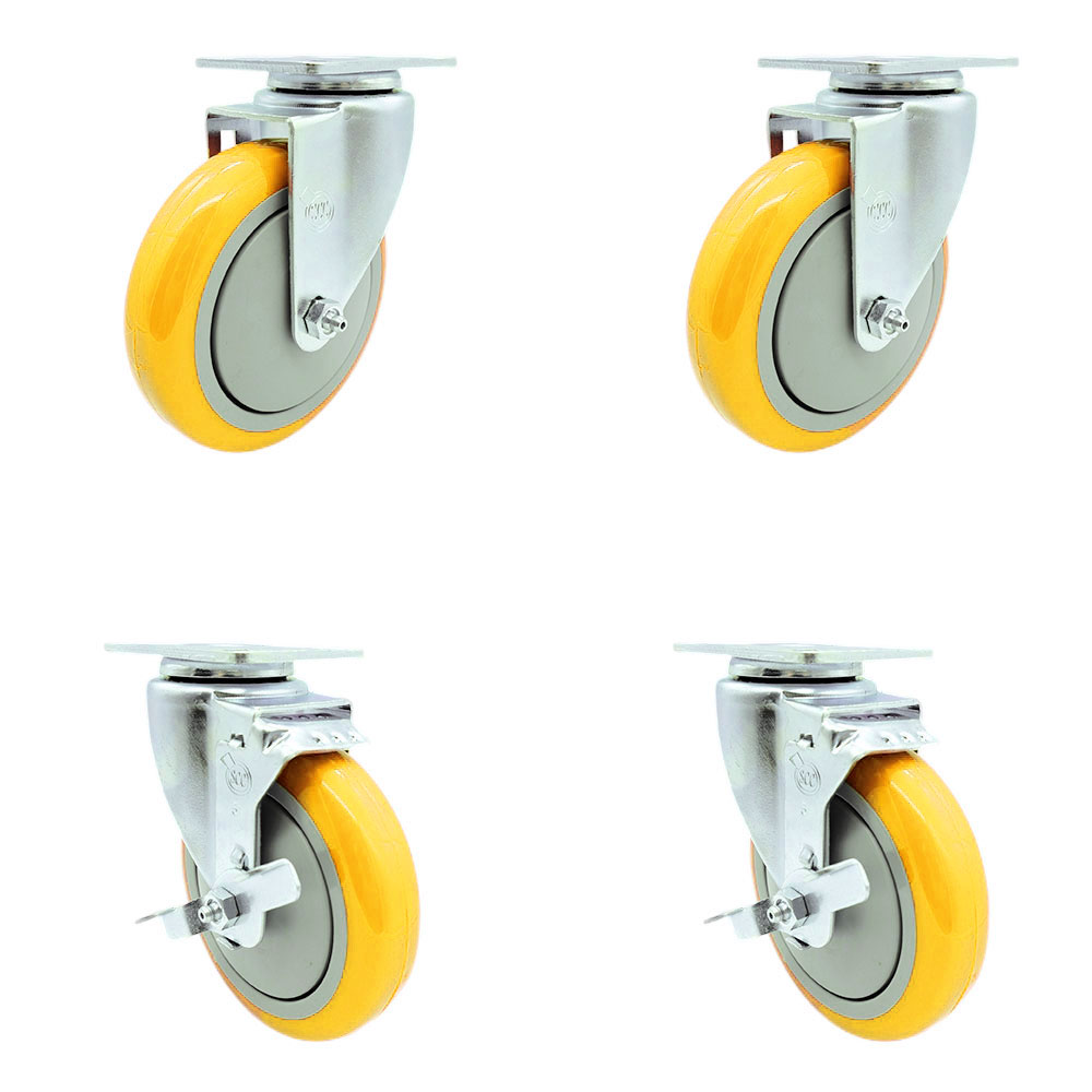 Swivel Caster Set of 4 with 2 Brakes - 5 Inch Yellow Polyurethane Wheel – 350 lbs. Capacity Per Caster – 4 Inch x 4-1/2 Inch Overall Top Plate – Service Caster Brand — photo 1