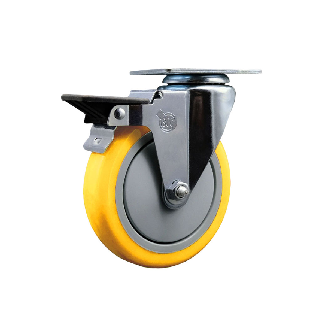 Polyurethane Swivel Top Plate Swivel Caster with 5 Inch Yellow Wheel and Posi Locking Brake - 350 lbs. Capacity Per Caster - Service Caster Brand — photo 1