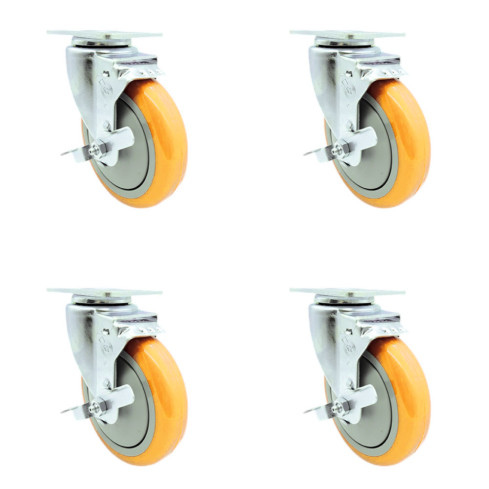 Polyurethane Swivel Top Plate Caster Set of 4 with 5 Inch Yellow Caster Wheels-316 Stainless Steel Casters-Includes 4 Swivel Casters with Top Lock Brakes-1,400 lbs. Total Capacity-Service Caster Brand — photo 1