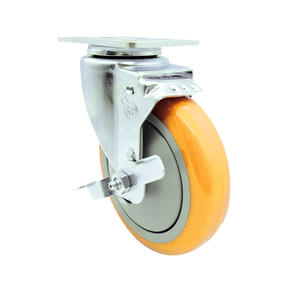 Polyurethane Swivel Top Plate Caster with 5 Inch Yellow Caster Wheel and Top Lock Brake - 316 Stainless Steel Caster - 350 lbs. Capacity Per Caster - Service Caster Brand — photo 1