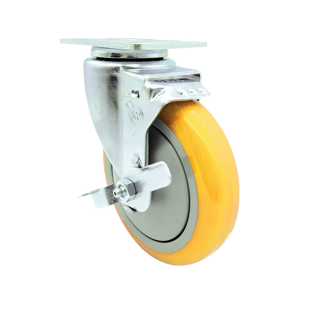 Service Caster Brand Replacement Caster for Genie Caster 57735GT - Swivel Top Plate Casters Caster with 5 Inch Yellow Polyurethane Wheel and Top Lock Brake - 4 Inch x 4-1/2 Inch Overall Top Plate — photo 1