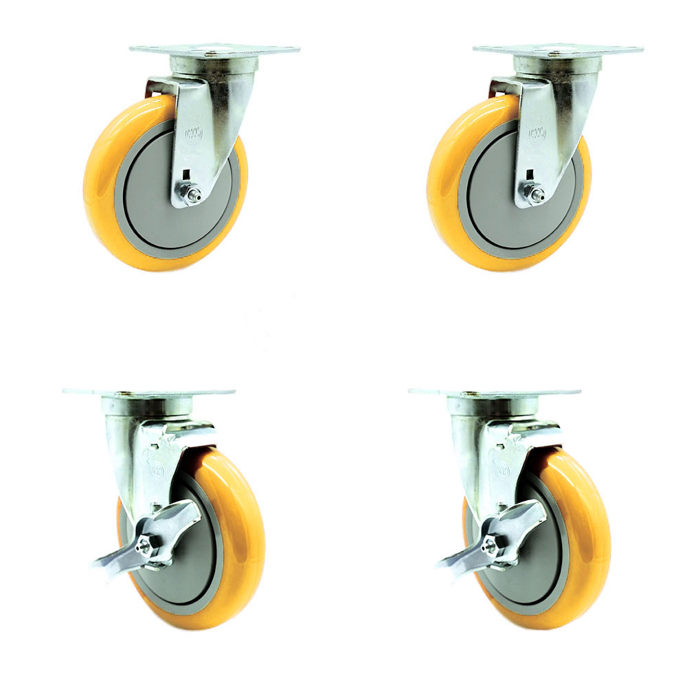 Service Caster - Universal Kitchen Casters - 5” x 1.25" Polyurethane Yellow Wheels Caster Set of 4 Non-Marking - 2 Swivel w/Brakes/2 Swivel — photo 1