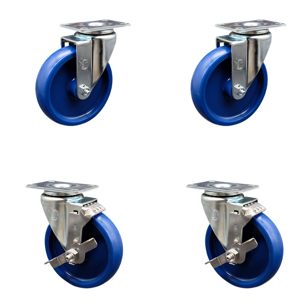Swivel Caster Set of 4 with 2 Brakes - 5 Inch Solid Polyurethane Wheel – 300 lbs. Capacity Per Caster – 3-1/8 Inch x 4-1/8 Inch Overall Top Plate – Service Caster Brand — photo 1