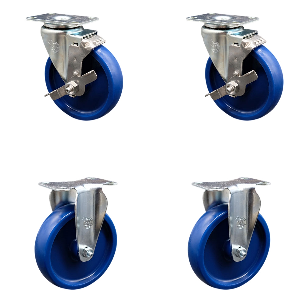 Swivel Caster Set of 4 with 2 Brakes and 2 Rigid - 5 Inch Solid Polyurethane Wheel – 300 lbs. Capacity Per Caster – 4 Inch x 4-1/2 Inch Overall Top Plate – Service Caster Brand — photo 1