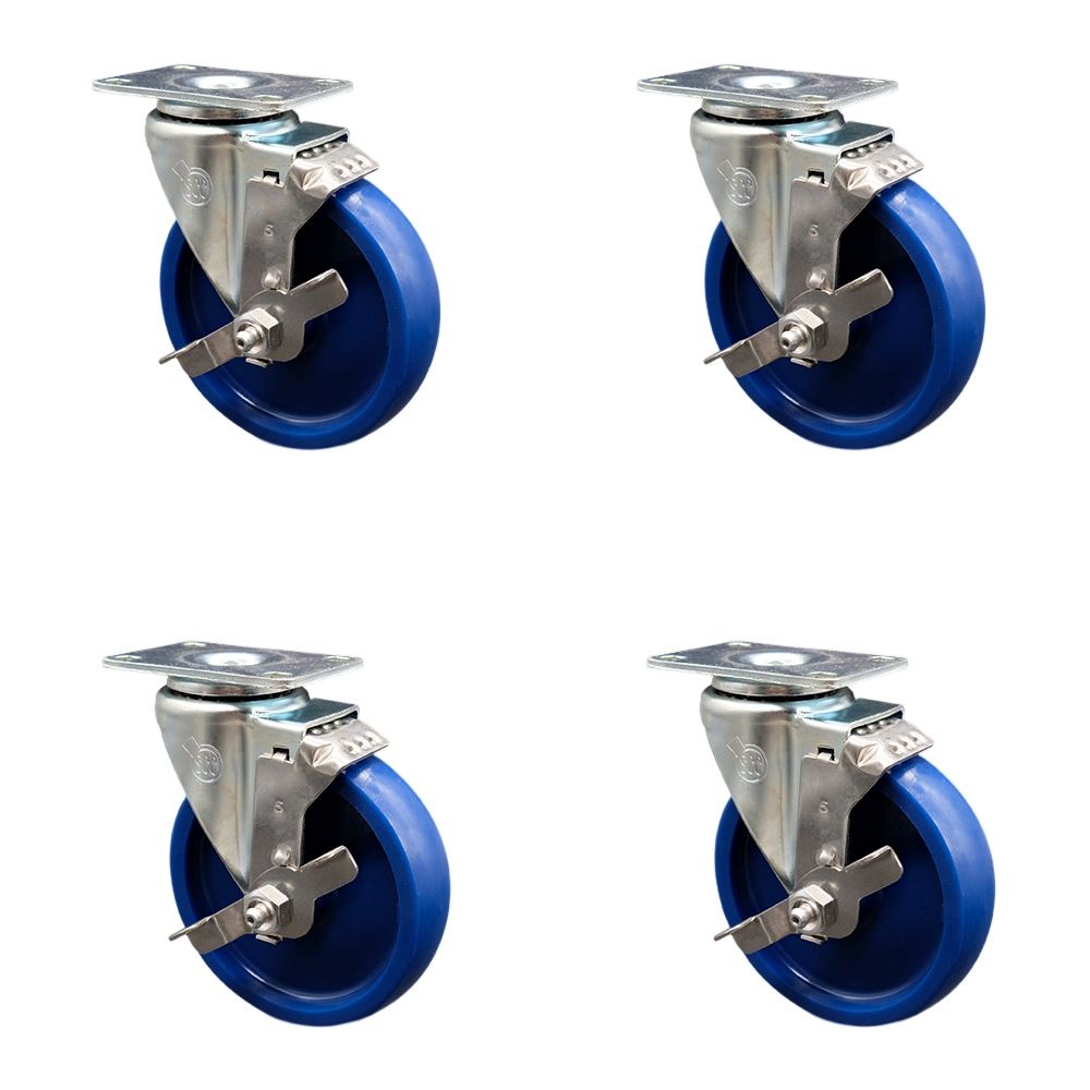 Solid Polyurethane Swivel Top Plate Caster Set of 4 w/5" x 1.25" Blue Wheels - Includes 4 Swivel with Top Lock Brakes - 1200 lbs Total Capacity - Service Caster Brand — photo 1