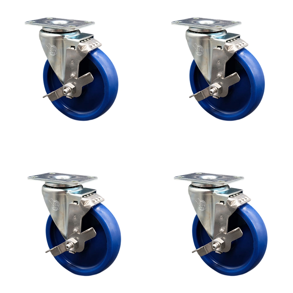Swivel Caster Set of 4 with Brakes and 5 Inch Solid Polyurethane Wheel – 300 lbs. Capacity Per Caster – 3-1/8 Inch x 4-1/8 Inch Overall Top Plate–Service Caster Brand — photo 1