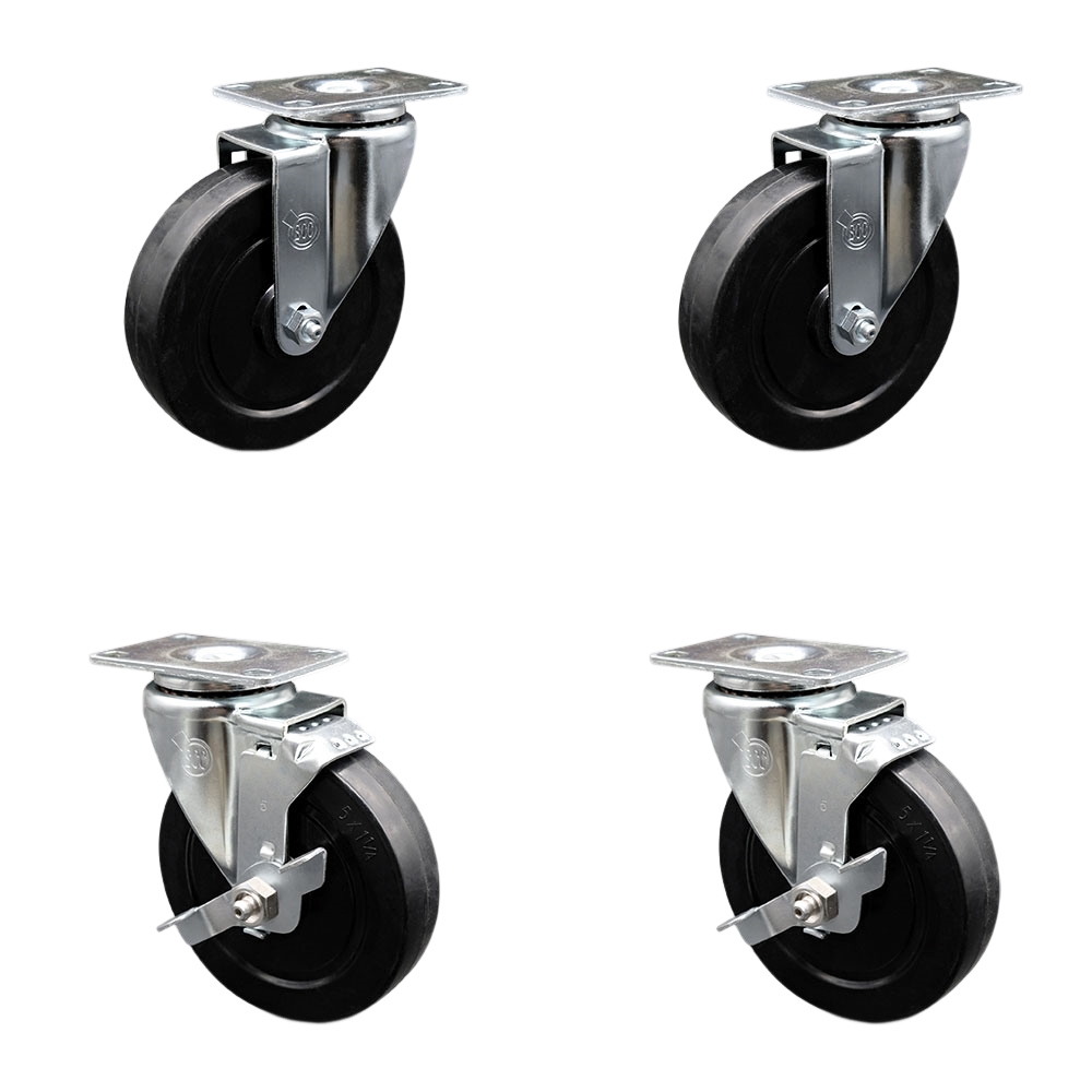Soft Rubber Swivel Top Plate Caster Set of 4 with 5 Inch Black Wheels - Includes 2 Swivel with Top Locking Brakes and 2 Swivel - 1100 lbs. Total Capacity - Service Caster Brand — photo 1
