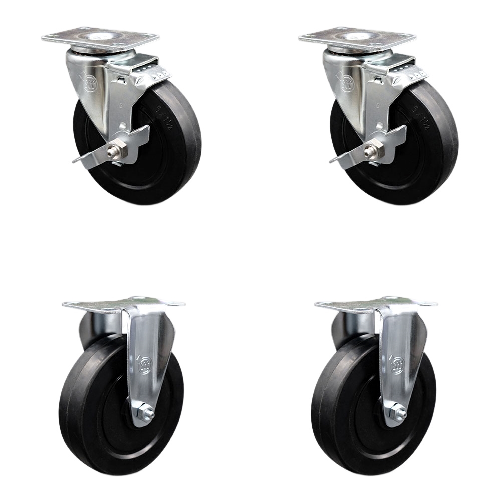 Soft Rubber Swivel Top Plate Caster Set of 4 with 5 Inch Black Wheels - Includes 2 Swivel with Top Locking Brakes and 2 Rigid - 1100 lbs. Total Capacity - Service Caster Brand — photo 1