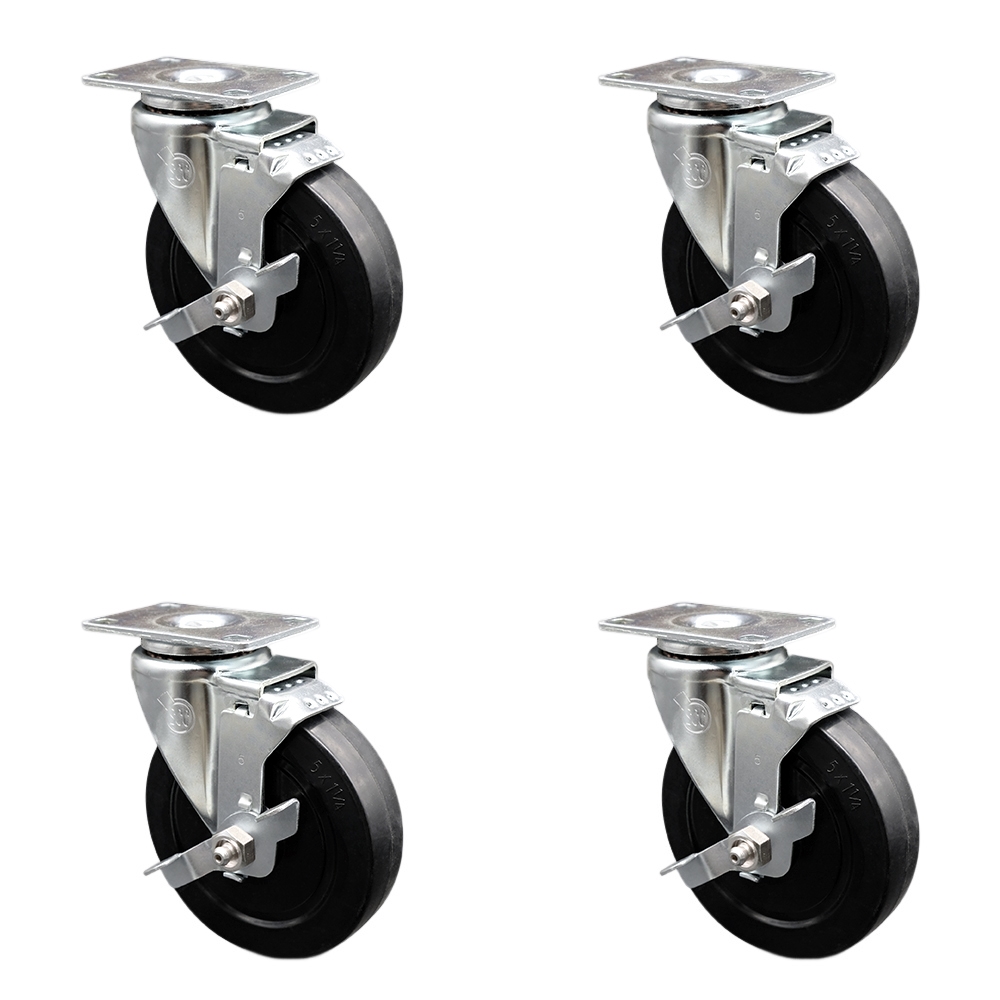Soft Rubber Swivel Top Plate Caster Set of 4 with 5 Inch Black Wheels - Includes 4 Swivel with Top Lock Brakes - 1100 lbs. Total Capacity - Service Caster Brand — photo 1
