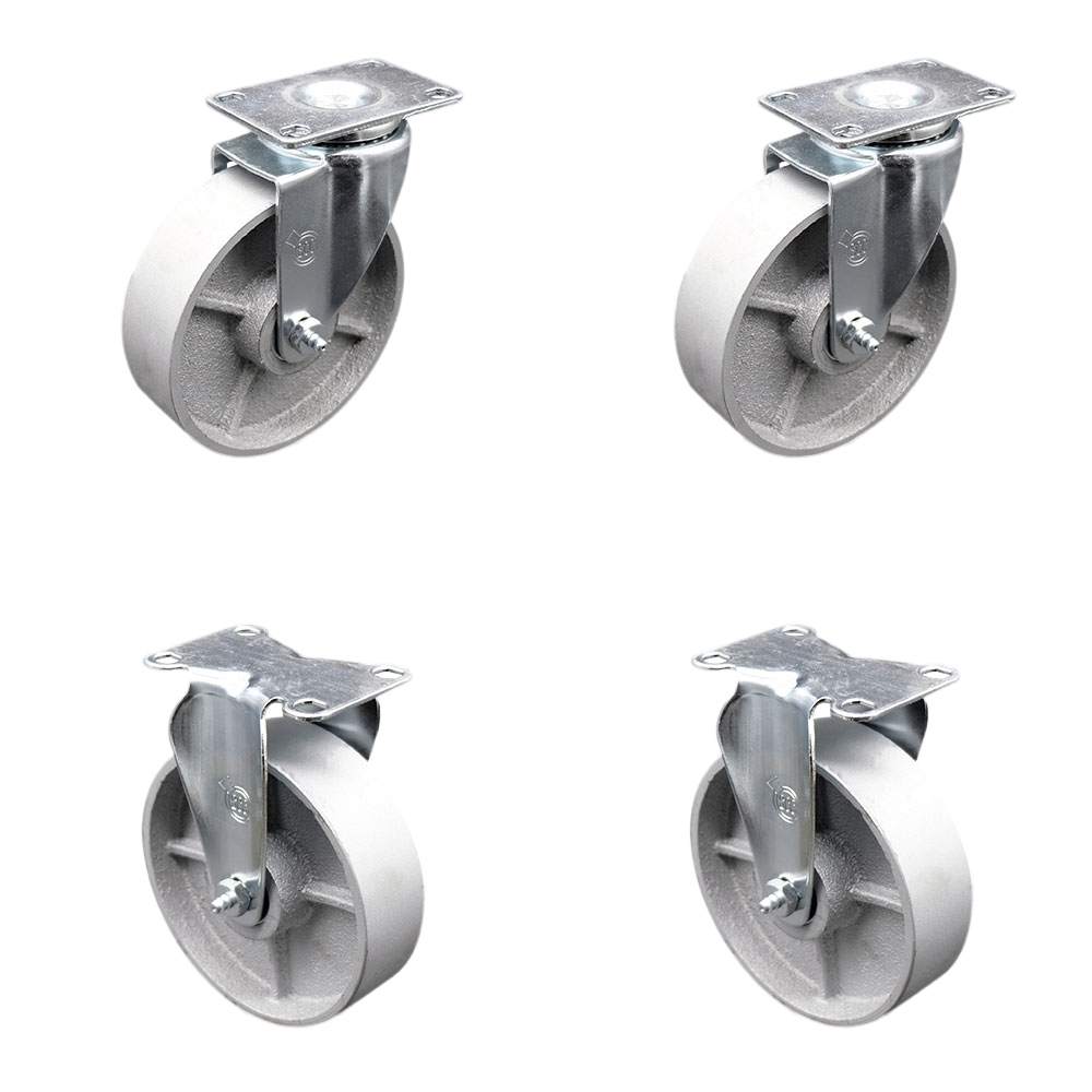 Swivel Caster Set of 4 with 2 Rigid Casters - 5 Inch Semi Steel Cast Iron Wheel with Roller Bearing – 300 lbs. Capacity Per Caster – 4 Inch x 4-1/2 Inch Overall Top Plate – Service Caster Brand — photo 1