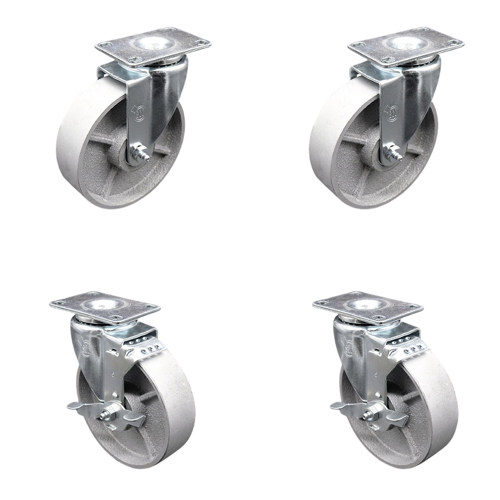 Swivel Caster Set of 4 with 2 Brakes - 5 Inch Semi Steel Cast Iron Wheel – 300 lbs. Capacity Per Caster – 3-1/8 Inch x 4-1/8 Inch Overall Top Plate – Service Caster Brand — photo 1