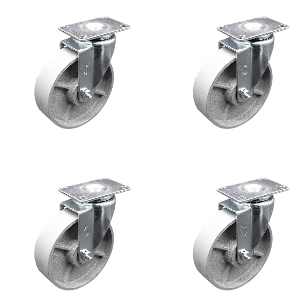 Swivel Caster Set of 4 with 5 Inch Semi Steel Cast Iron Wheel – 300 lbs. Capacity Per Caster – 4 Inch x 4-1/2 Inch Overall Top Plate – Service Caster Brand — photo 1