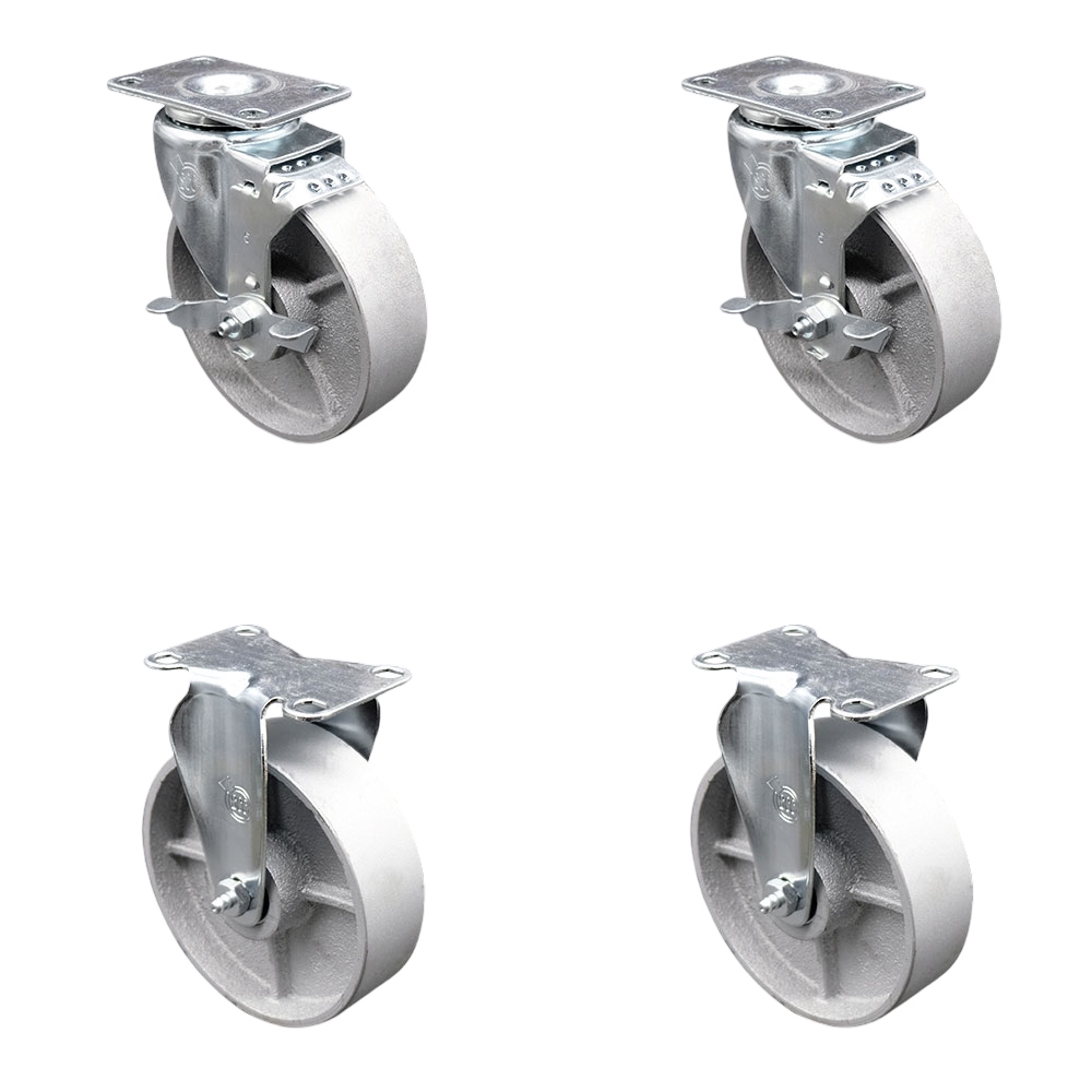 Semi Steel Cast Iron Swivel Top Plate Caster Set of 4 with Roller Bearings - 5 Inch Silver Wheels - Includes 2 Swivel with Top Locking Brakes and 2 Rigid -1200 lbs. Total Capacity-Service Caster Brand — photo 1