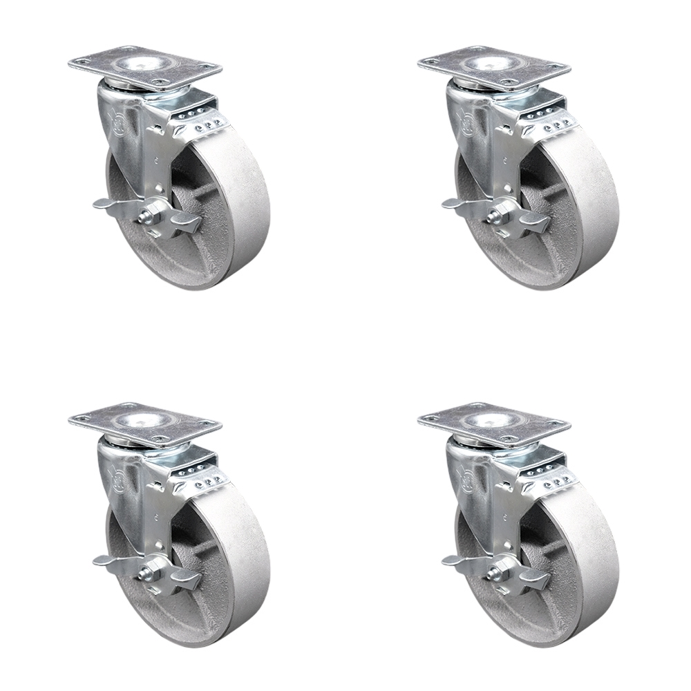 Semi Steel Cast Iron Swivel Top Plate Caster Set of 4 with Roller Bearings - 5 Inch Silver Wheels - Includes 4 Swivel with Top Lock Brakes - 1200 lbs. Total Capacity - Service Caster Brand — photo 1