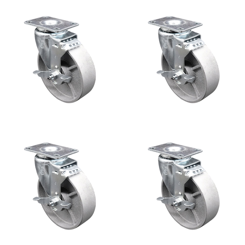 Swivel Caster Set of 4 with Brakes and 5 Inch Semi Steel Cast Iron Wheel with Roller Bearing – 300 lbs. Capacity Per Caster – 3-1/8 Inch x 4-1/8 Inch Overall Top Plate – Service Caster Brand — photo 1