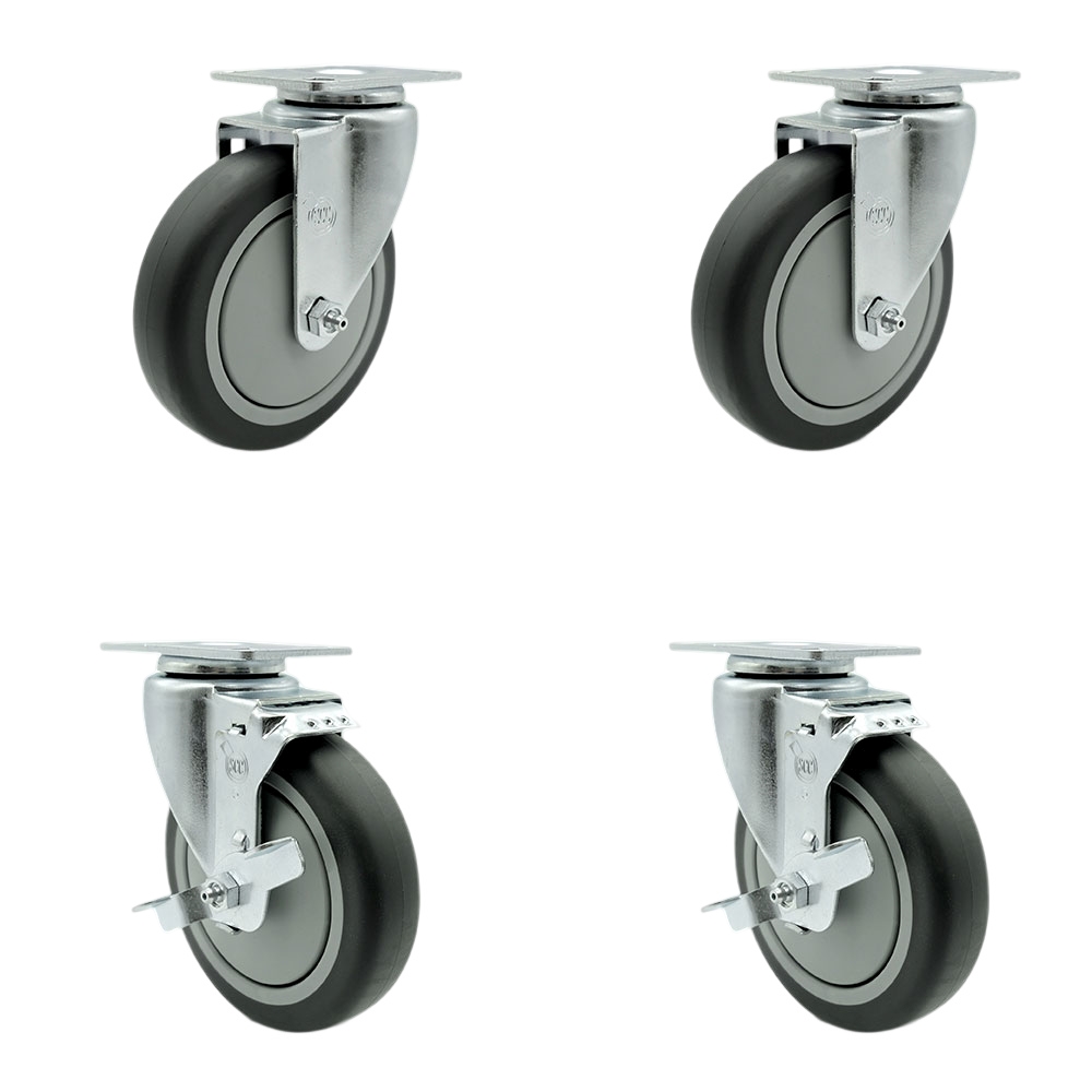 Thermoplastic Rubber Swivel Top Plate Caster Set of 4 with 5 Inch Gray Wheels - Includes 2 Swivel with Top Locking Brakes and 2 Swivel - 1200 lbs. Total Capacity - Service Caster Brand — photo 1