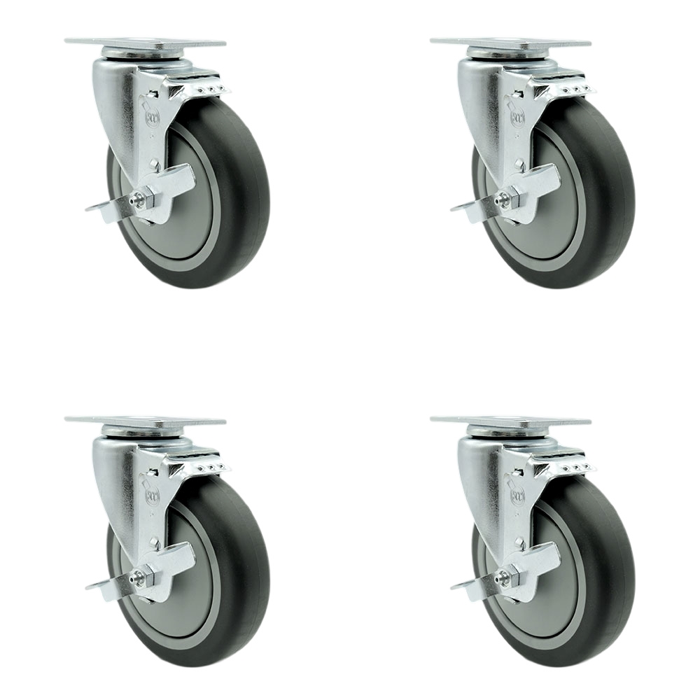 Swivel Caster Set of 4 with Brakes and 5 Inch Thermoplastic Rubber Wheel – 300 lbs. Capacity Per Caster – 3-1/8 Inch x 4-1/8 Inch Overall Top Plate–Service Caster Brand — photo 1