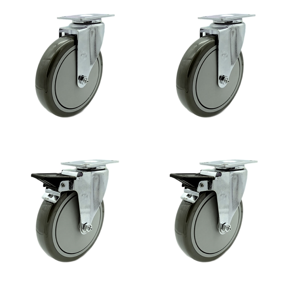 Polyurethane Swivel Top Plate Caster Set of 4 with 6 Inch Gray Wheels - Includes 2 Swivel with Posi Locking Brakes and 2 Swivel - 1400 lbs. Total Capacity - Service Caster Brand — photo 1