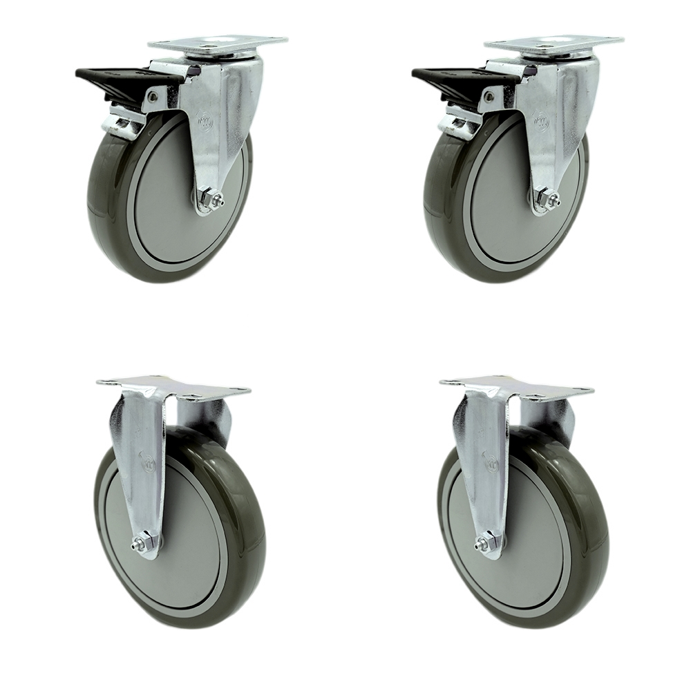 Polyurethane Swivel Top Plate Caster Set of 4 with 6 Inch Gray Wheels - Includes 2 Swivel with Posi Locking Brakes and 2 Rigid - 1400 lbs. Total Capacity - Service Caster Brand — photo 1