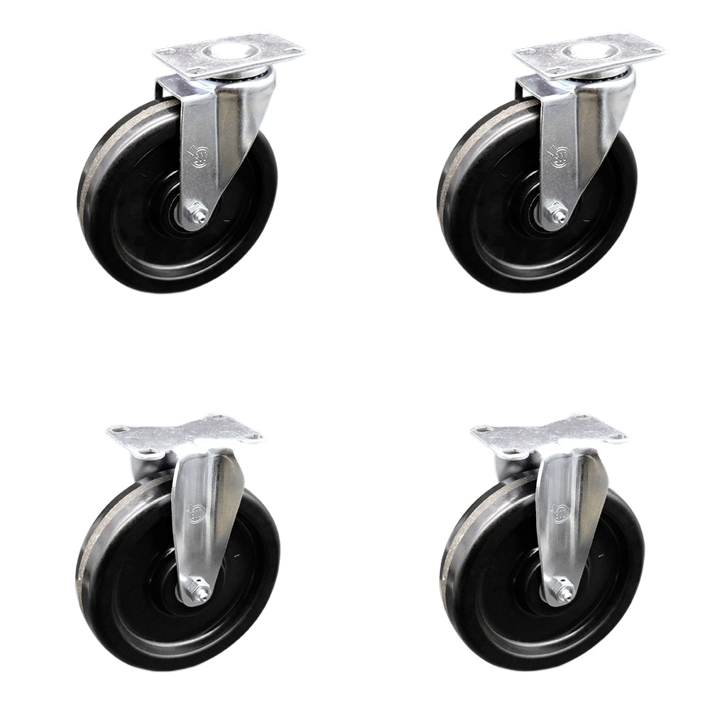 Phenolic Swivel Top Plate Caster Set of 4 with Roller Bearings - 6 Inch Black Wheels - Includes 2 Swivel and 2 Rigid - 1200 lbs. Total Capacity - Service Caster Brand — photo 1