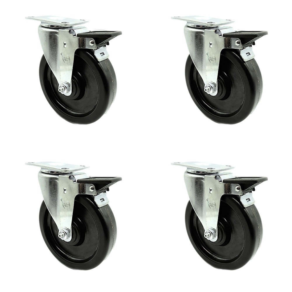 Phenolic Swivel Top Plate Caster Set of 4 with Roller Bearings - 6 Inch Black Wheels - Includes 4 Swivel with Posi Lock Brakes - 1200 lbs. Total Capacity - Service Caster Brand — photo 1