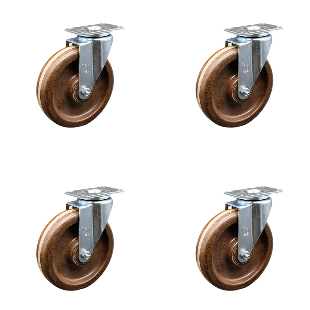 High Temperature Phenolic Swivel Top Plate Caster Set of 4 with Roller Bearings - 6 Inch Brown Wheels - Includes 4 Swivel - 1200 lbs. Total Capacity - Service Caster Brand — photo 1