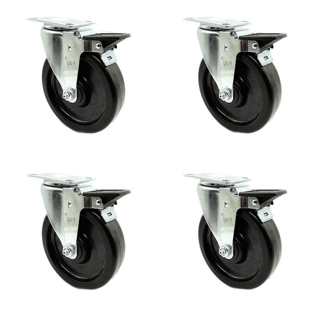 Phenolic Swivel Top Plate Caster Set of 4 with 6 Inch Black Wheels - Includes 4 Swivel with Posi Lock Brakes - 1200 lbs. Total Capacity - Service Caster Brand — photo 1