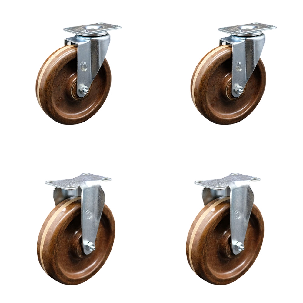 High Temperature Phenolic Swivel Top Plate Caster Set of 4 with 6 Inch Brown Wheels - Includes 2 Swivel and 2 Rigid - 1200 lbs. Total Capacity - Service Caster Brand — photo 1