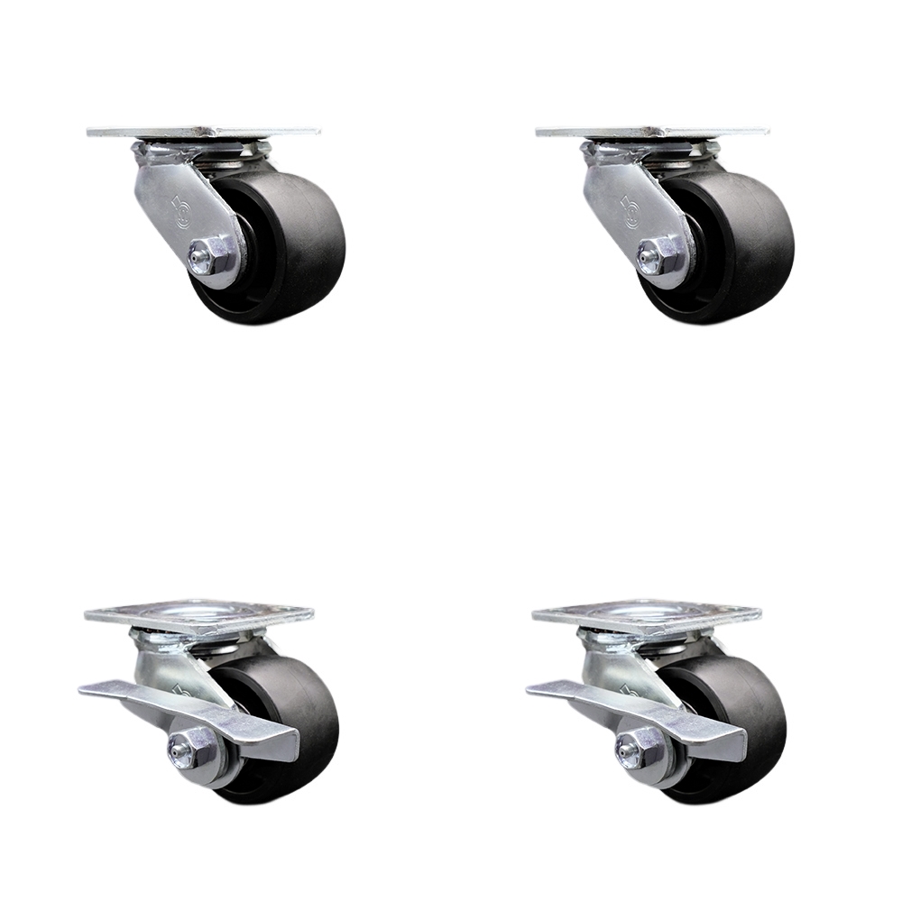 Heavy Duty Swivel Caster Set of 4 with 3.25 Inch High Temperature Glass Filled Nylon Wheels and Ball Bearings-Includes 2 Swivel with Brakes and 2 Swivel-3,600 lbs. Total Capacity- Service Caster Brand — photo 1