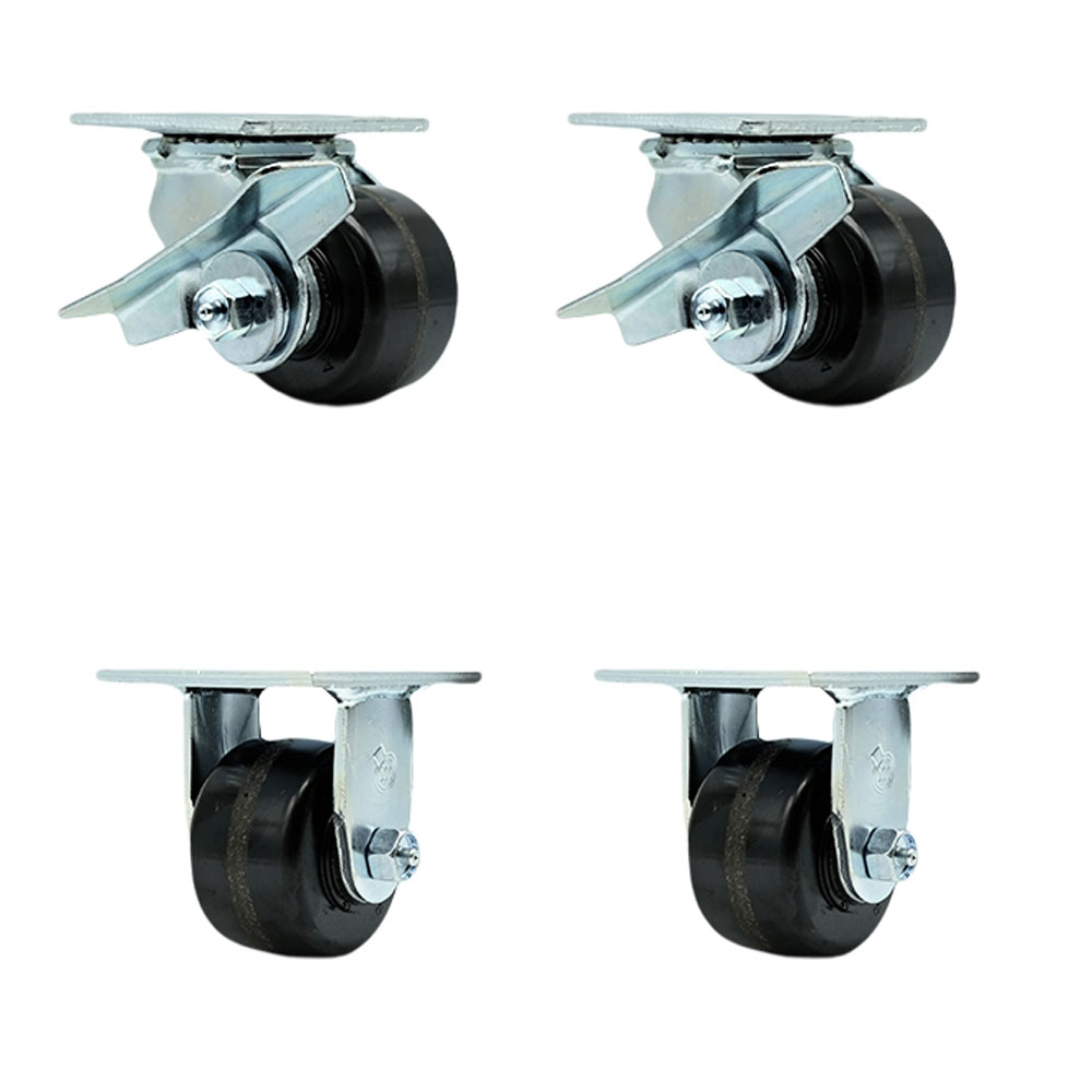 Phenolic Swivel Top Plate Casters Set of 4 Heavy Duty with 3.25 Inch Wheels - Includes 2 Swivel with Brakes and Bolt on Swivel Locks and 2 Rigid - 2,800 lbs. Total Capacity - Service Caster Brand — photo 1