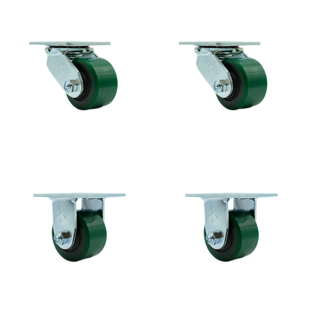 Heavy Duty Swivel Caster Set of 4 with 3.25 Inch Green Polyurethane on Cast Iron Wheels and Ball Bearings - Includes 2 Swivel and 2 Rigid - 2,400 lbs. Total Capacity - Service Caster Brand — photo 1