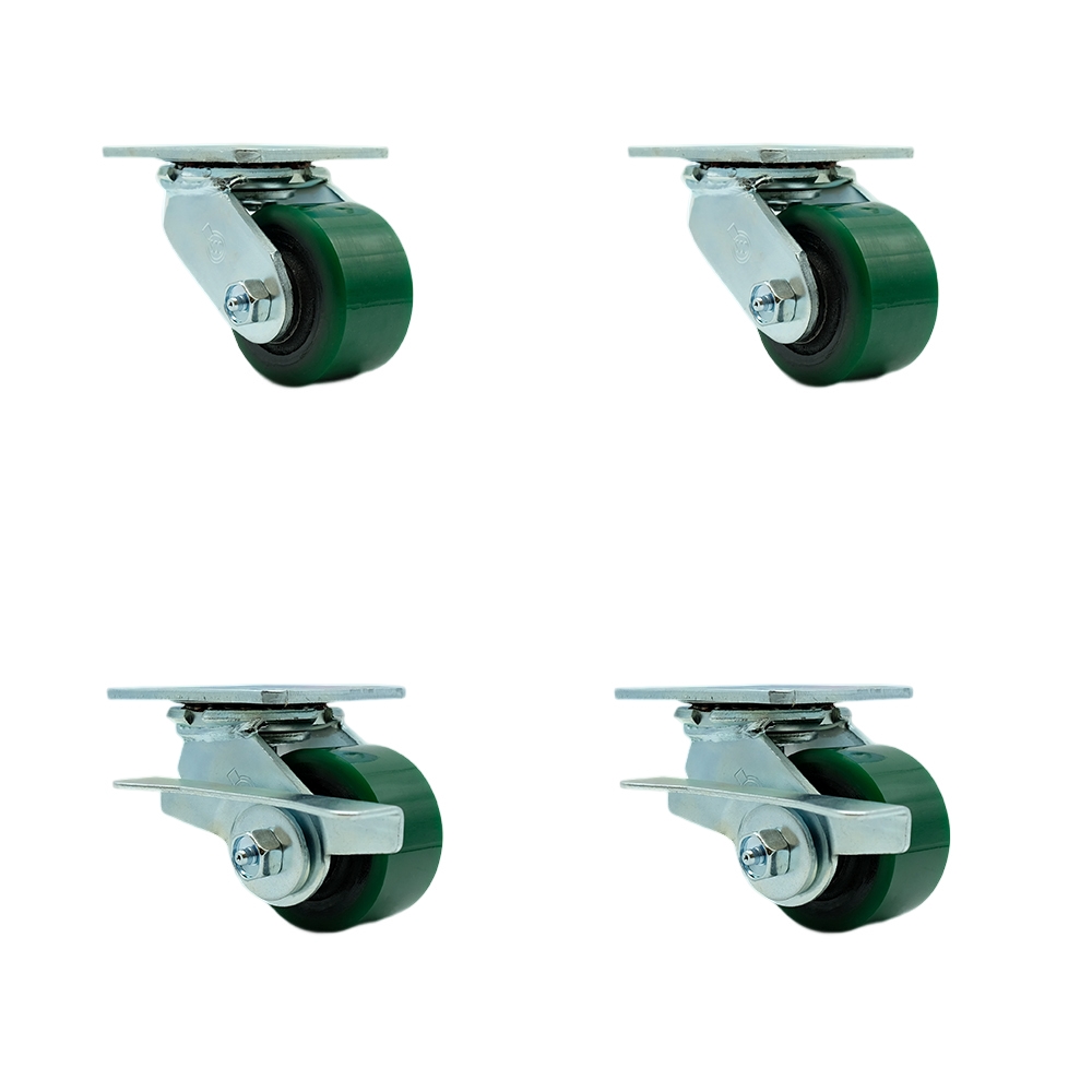 Polyurethane on Cast Iron Swivel Top Plate Casters Set of 4 Heavy Duty with 3.25 Inch Green Wheels - Includes 2 Swivel with Brakes and 2 Swivel - 2,400 lbs. Total Capacity - Service Caster Brand — photo 1