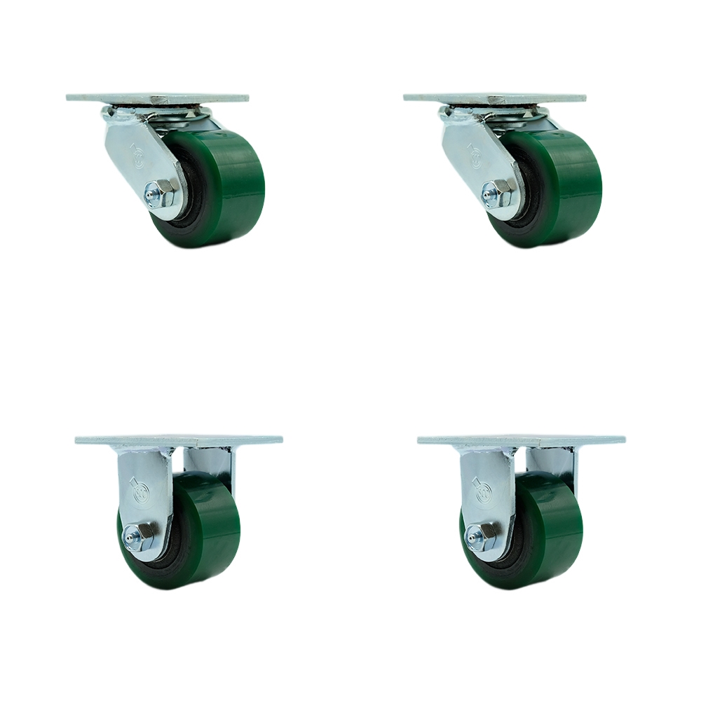 Heavy Duty Swivel Caster Set of 4 with 3.25 Inch Green Polyurethane on Cast Iron Wheels and Ball Bearings - Includes 2 Swivel with Bolt on Swivel Locks and 2 Rigid - Service Caster Brand — photo 1