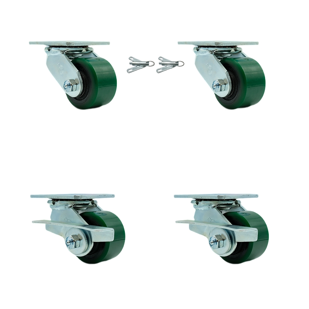 Polyurethane on Cast Iron Swivel Top Plate Casters Set of 4 Heavy Duty with 3.25 Inch Green Wheels - Includes 2 Swivel with Bolt on Swivel Locks and 2 Swivel with Brakes - Service Caster Brand — photo 1