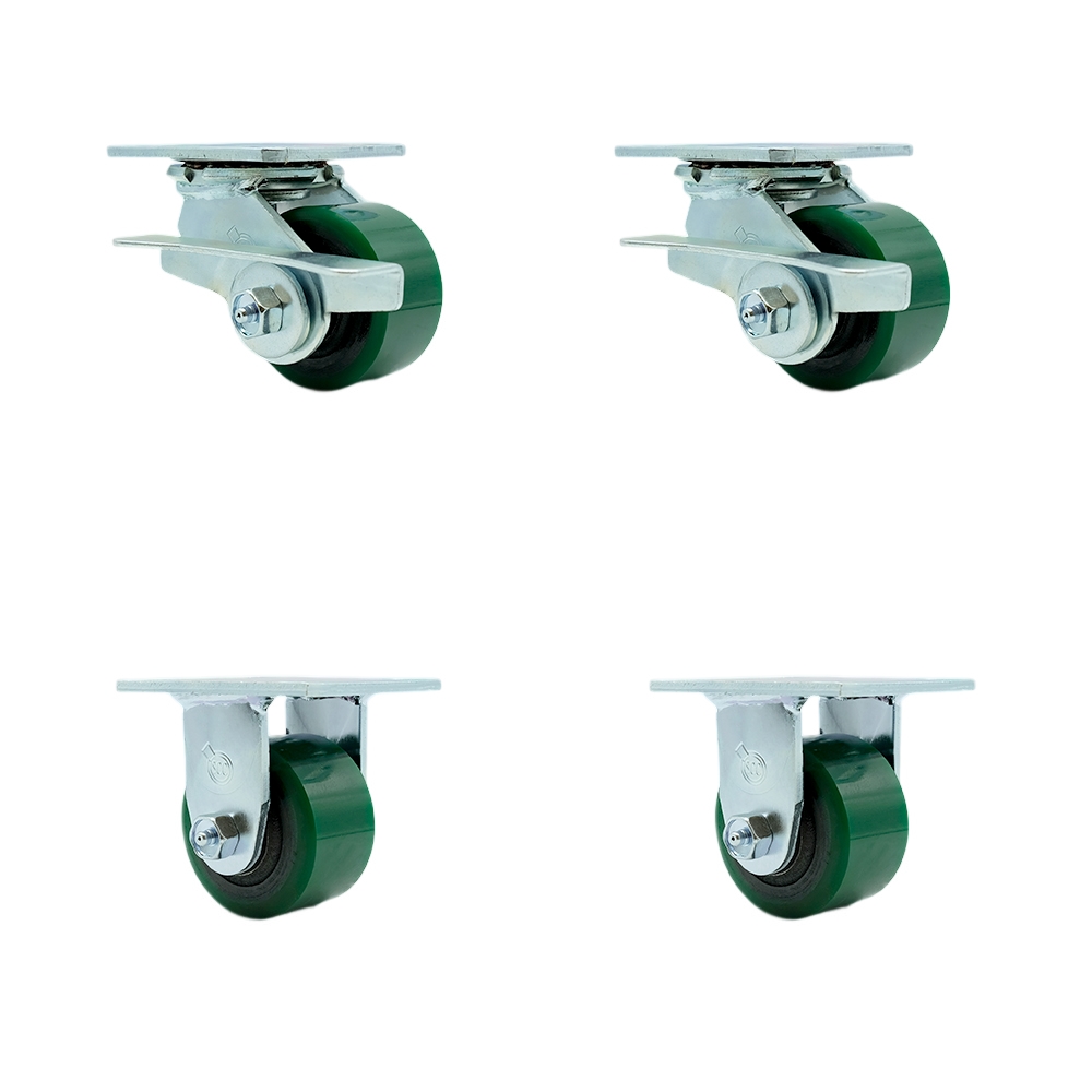 Heavy Duty Swivel Caster Set with 3.25 Inch Green Polyurethane on Cast Iron Wheels and Ball Bearings-Includes 2 Swivel with Brakes and Bolt on Swivel Lock and 2 Swivel with Brakes-Service Caster Brand — photo 1