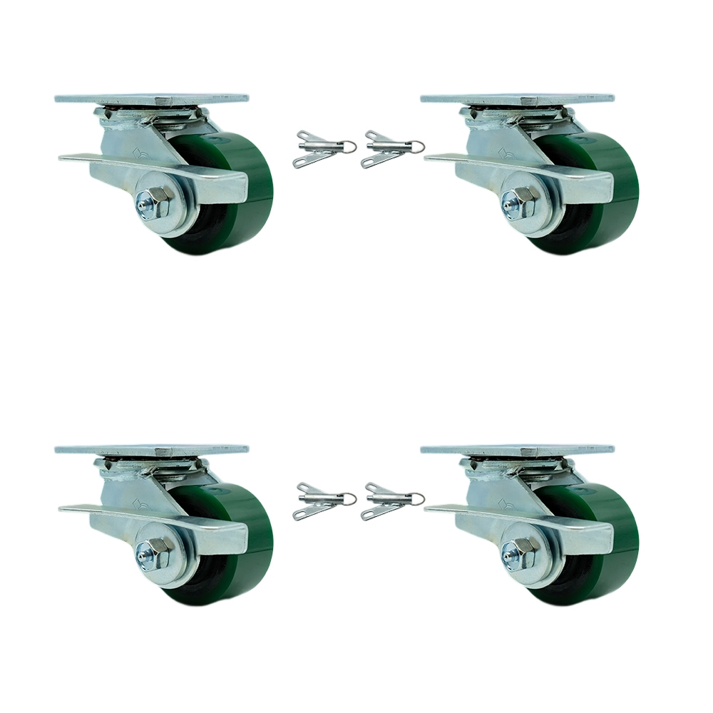 Polyurethane on Cast Iron Swivel Top Plate Casters Set of 4 Heavy Duty with 3.25 Inch Green Wheels - Includes 2 Swivel with Brakes and Bolt on Swivel Locks and 2 Rigid - Service Caster Brand — photo 1