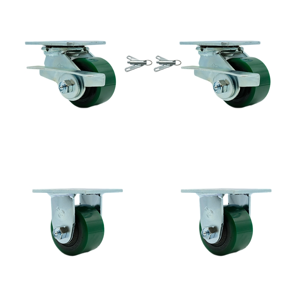Polyurethane on Cast Iron Swivel Top Plate Casters Set of 4 Heavy Duty with 3.25 Inch Green Wheels - Includes 2 Swivel with Brakes and 2 Rigid - 2,400 lbs. Total Capacity - Service Caster Brand — photo 1