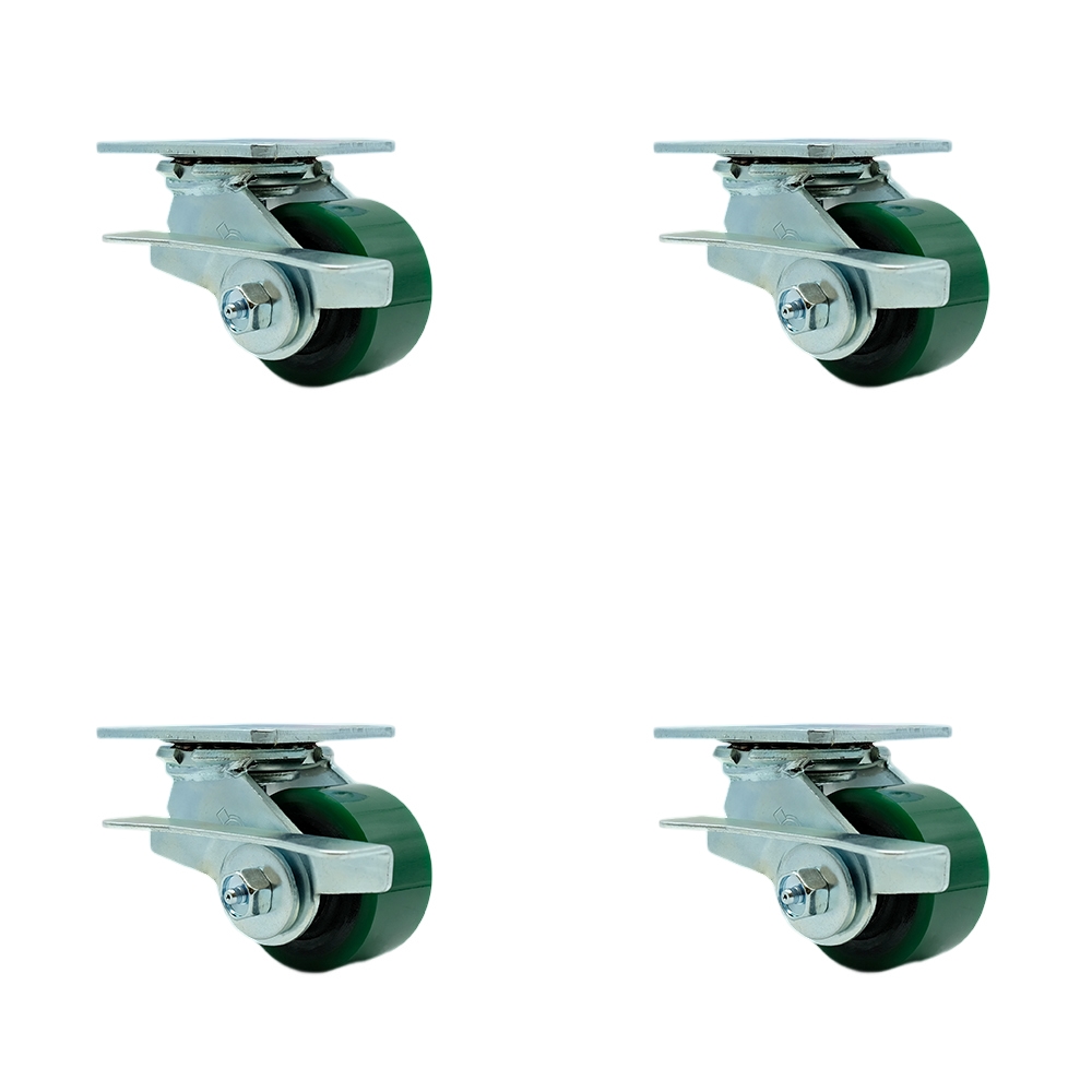 Heavy Duty Swivel Caster Set of 4 with 3.25 Inch Green Polyurethane on Cast Iron Wheels and Ball Bearings - Includes 4 Swivel with Side Lock Brakes - 2,400 lbs. Total Capacity - Service Caster Brand — photo 1